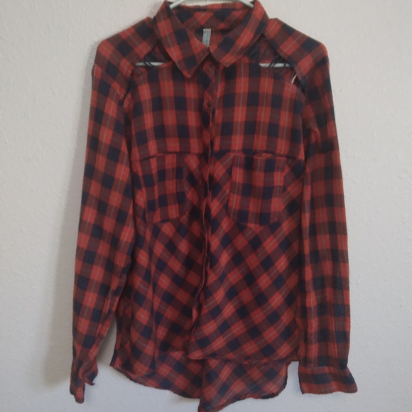 Free people orange & blue gauzy cut out  snap button flannel - Picture 2 of 7